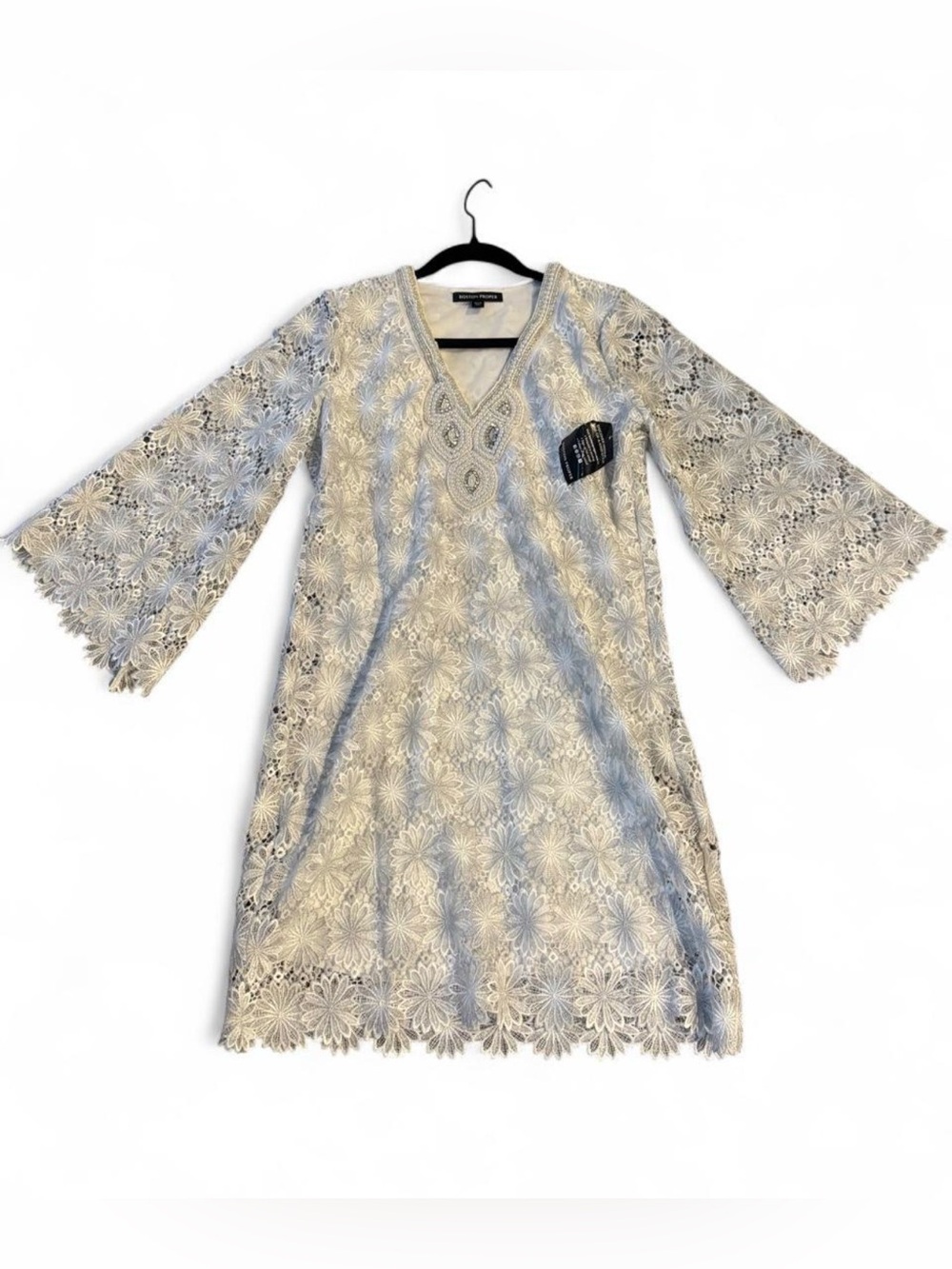 Boston Proper White Metallic Floral Lace Beaded Shift Dress NWT Gorgeous Classic - Picture 2 of 10